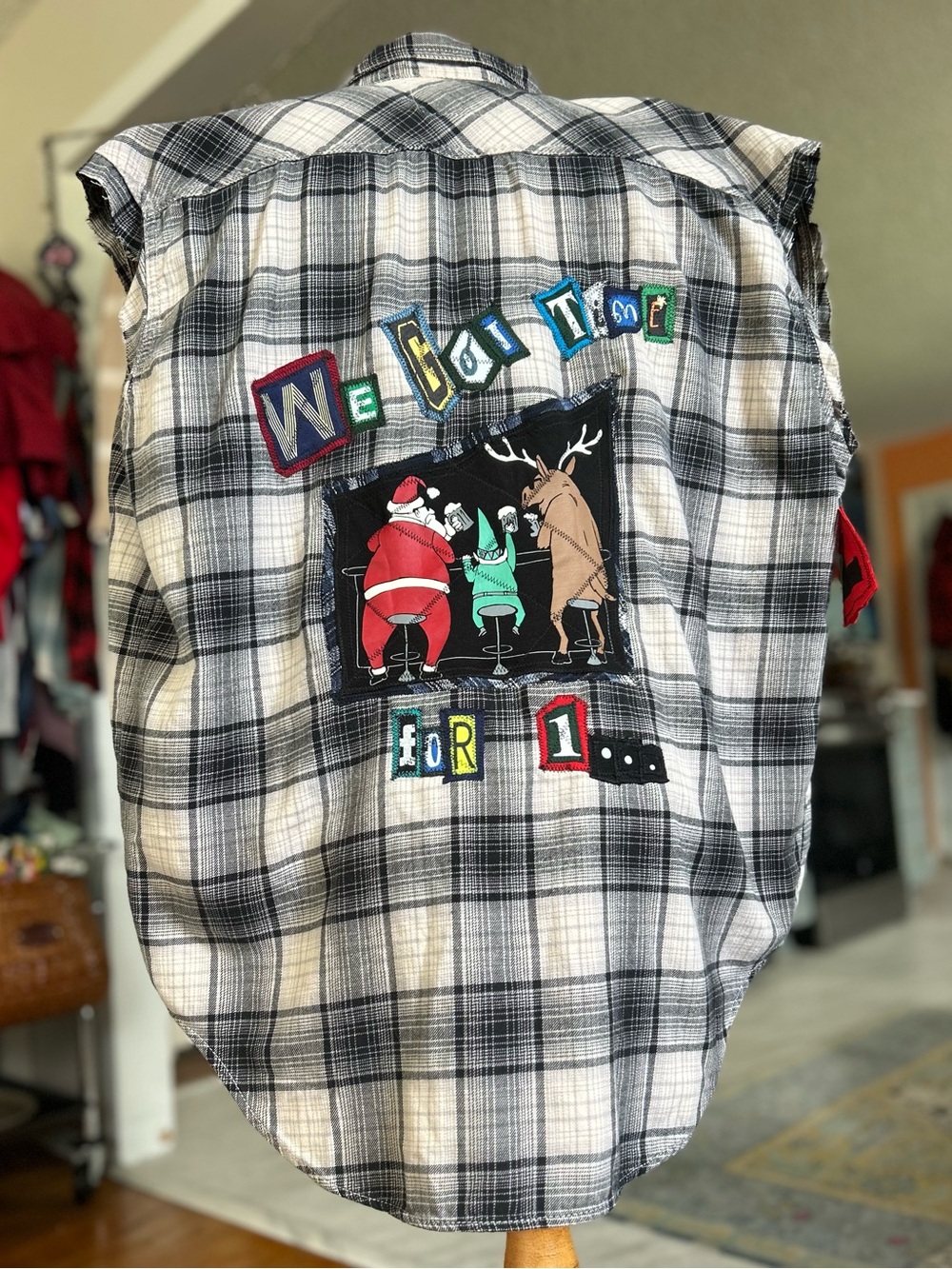 Vintage Plaid Sleeveless Flannel Vest with Holiday Patch- We got time for 1 🎄🍻